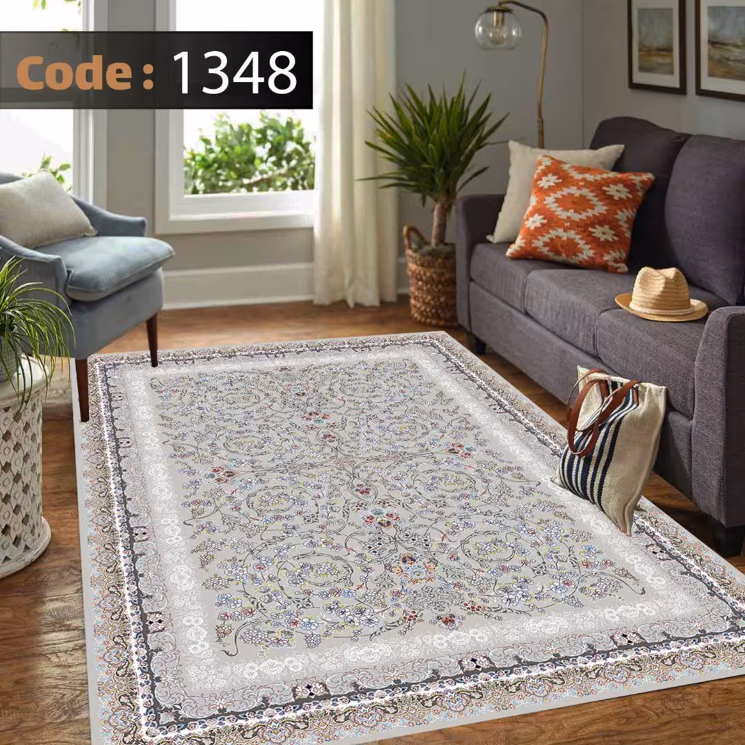 کاورفرش روفرشی دورکشدار گوشه لیفه ای طوسی کرم کد 1348