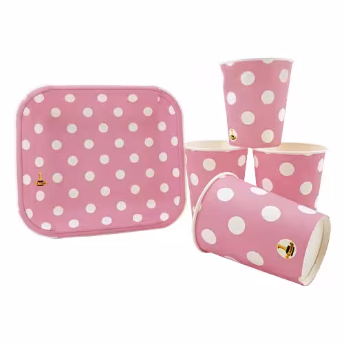 بشقاب و لیوان تم تولد خالدار صورتی