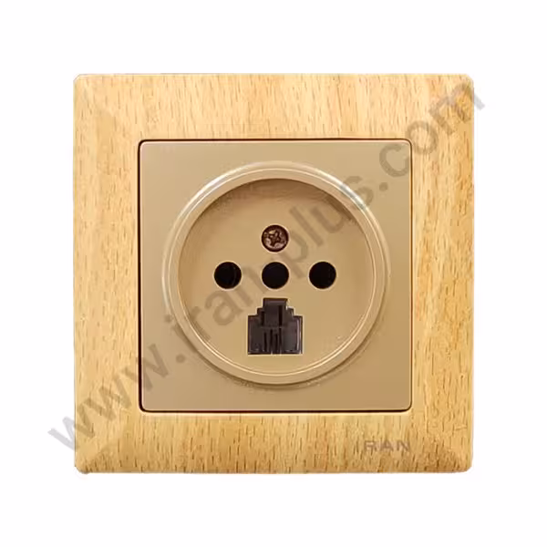 پریز تلفن دوکاره مدل الیزه طرح چوب روشن میانی بژ