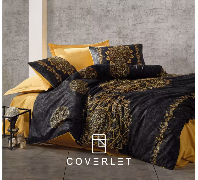 روتختی دونفره مشکی طلایی طرح‌دار کاوری Alvina