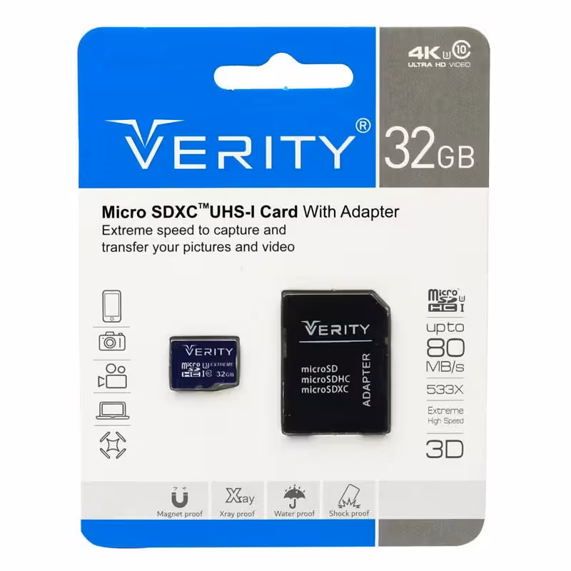رم میکرو 32 گیگ وریتی Verity U3 C10 80MB/s   خشاب