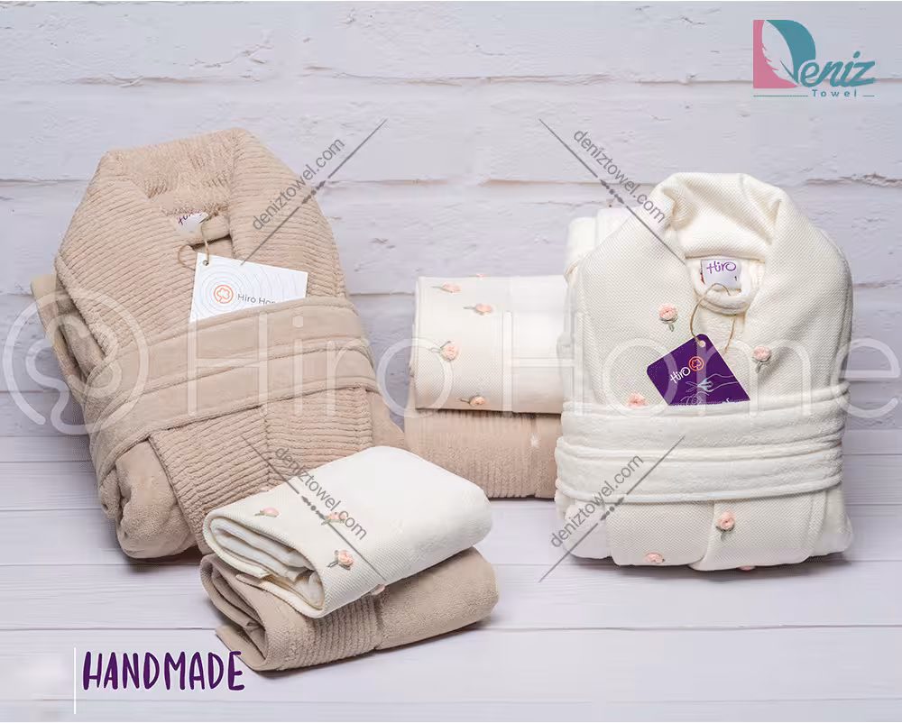 حوله ست دو نفره HANDMADE رنگ شیری و کرم تیره