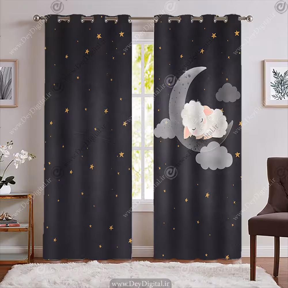 پرده کودک طرح گوسفند خوابیده روی هلال ماه فانتزی با زمینه تیره WA-2190