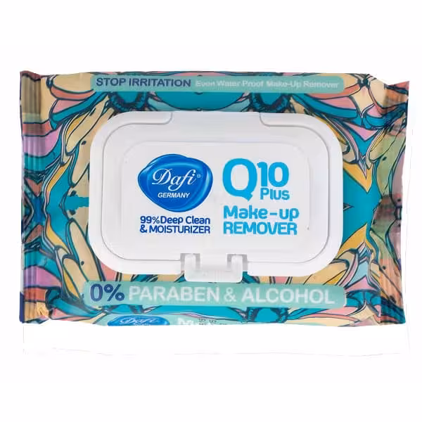 دستمال مرطوب پاک کننده آرایش Q10 پوست حساس دافی 50 عددی