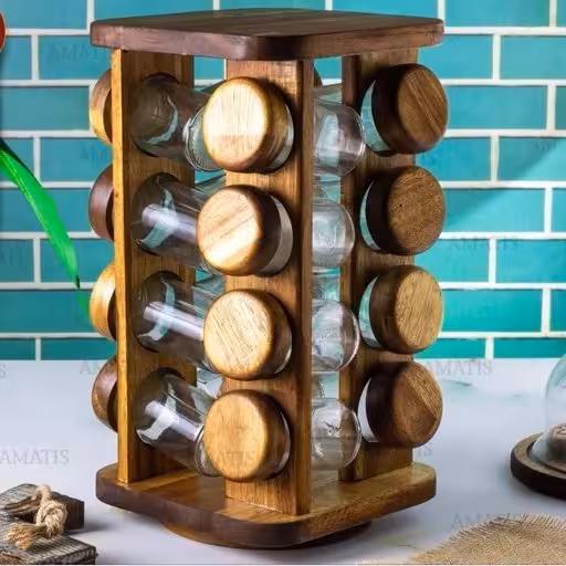 جا ادویه ایستاده مربعی گردان 16 تایی چوب رنگ تیره ( چوب آکاسیا) کد 991640 لوناوود