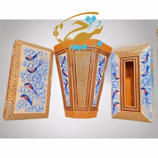 ست سه تیکه خاتم کاری جادستمالی ،جاکاردی،سطل مدل گل و مرغ آبی