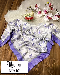 مینی اسکارف سفید ابر و بادی طوسی برند LV با حاشیه بنفش و طوسی کد MA401