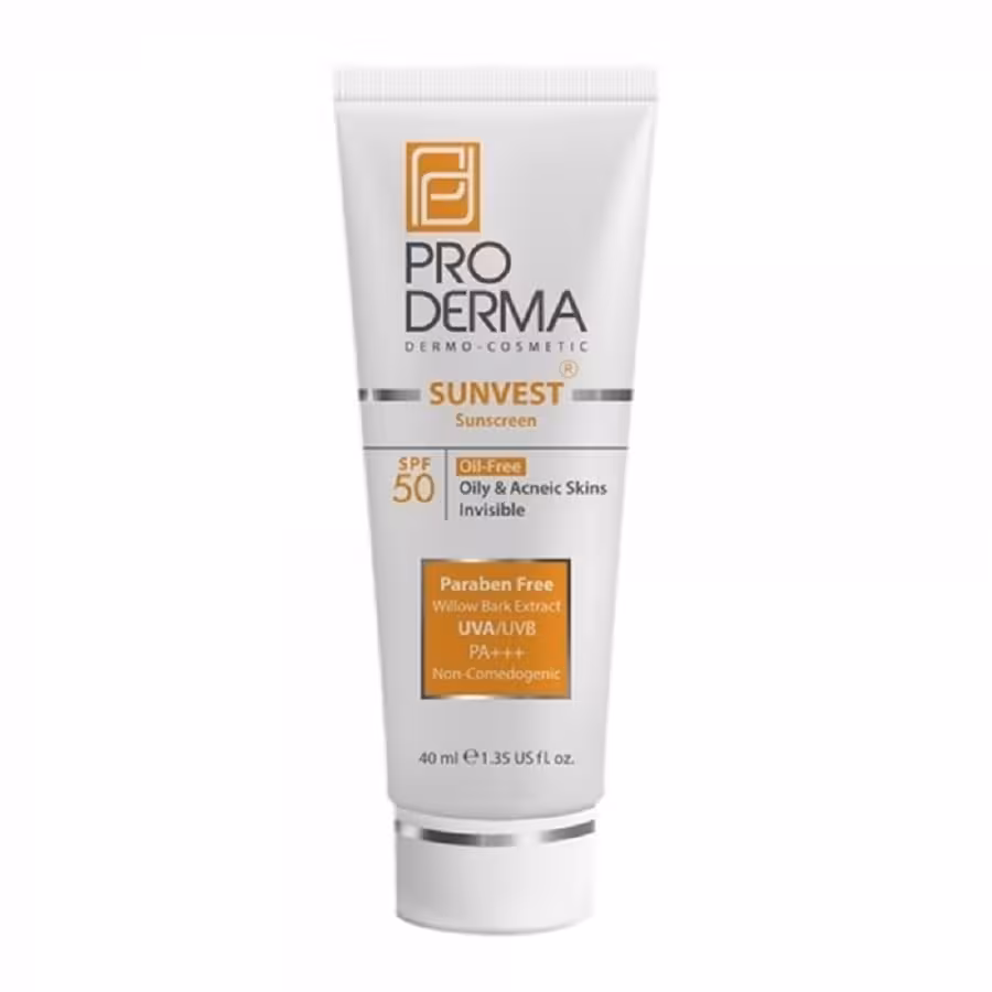 کرم ضد آفتاب بی رنگ فاقد چربی پرودرما SPF50 مناسب پوست های چرب و جوش دار40 میلی لیتر