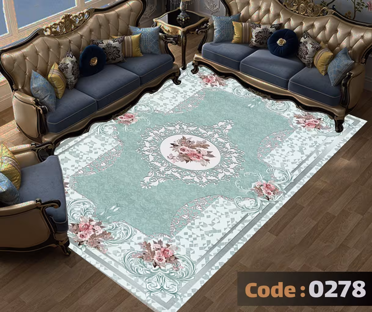 کاورفرش روفرشی دورکشدار گوشه لیفه ای لاکی ، آبی و متنوع کد 0278