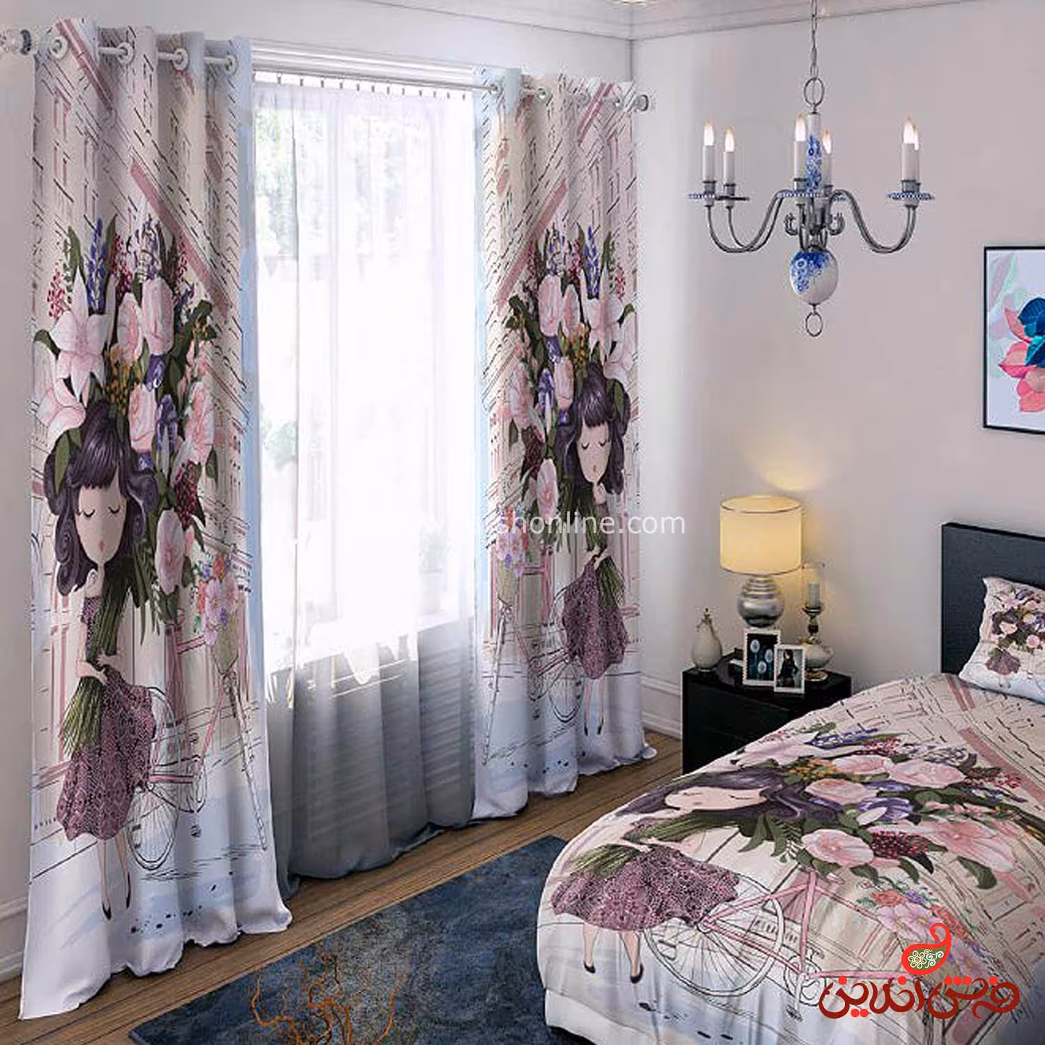 پرده 2 عددی کد 15391/1 طرح دختر با دسته گل