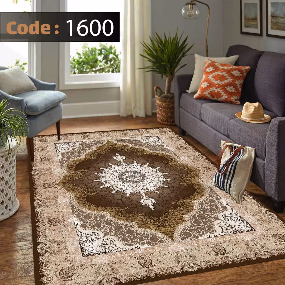 کاورفرش روفرشی دورکشدار گوشه لیفه ای کرم  قهوه ای کد 1600