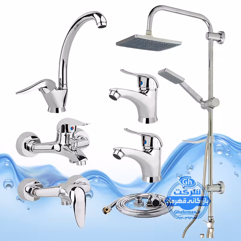 ست 7 عددی شیرآلات برند آیدا صنعت مدل قهرمان | شیر ظرفشویی   2 عدد روشویی   حمام   توالت   علم دوش رسوب‌گیر اتومات   شلنگ توالت | کروم براق