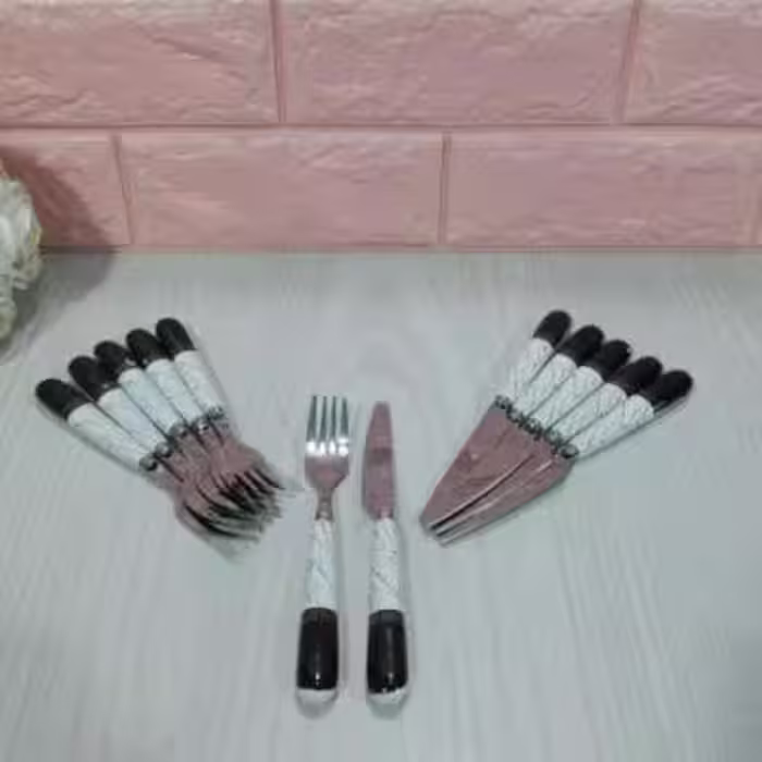 کارد و چنگال میوه خوری دسته سرامیک ماربل سفید مشکی