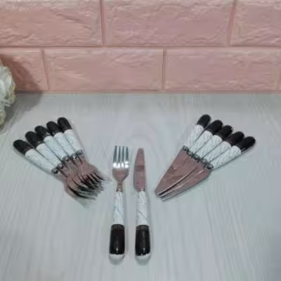 کارد و چنگال میوه خوری دسته سرامیک ماربل سفید مشکی