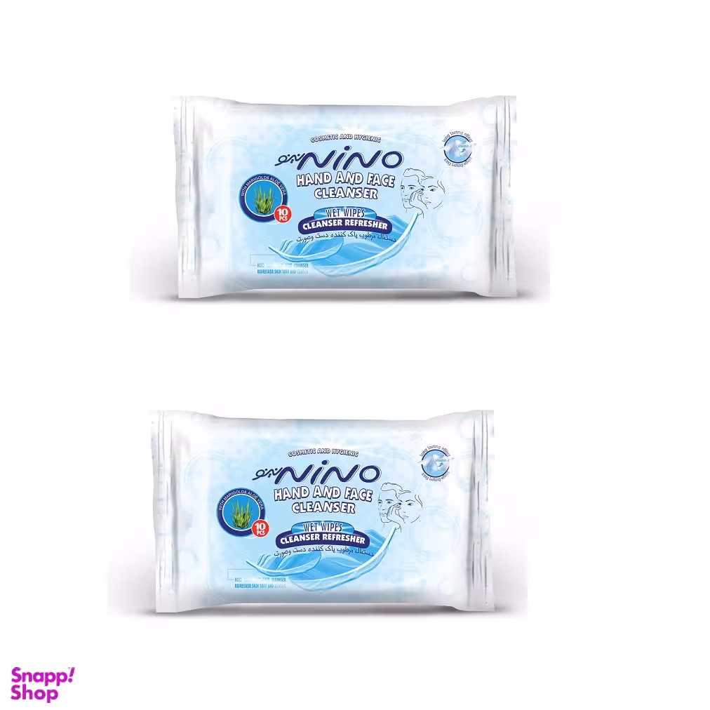 دستمال مرطوب پاک کننده نینو (Nino) مخصوص دست و صورت بسته 10 عددی مجموعه 2 عددی