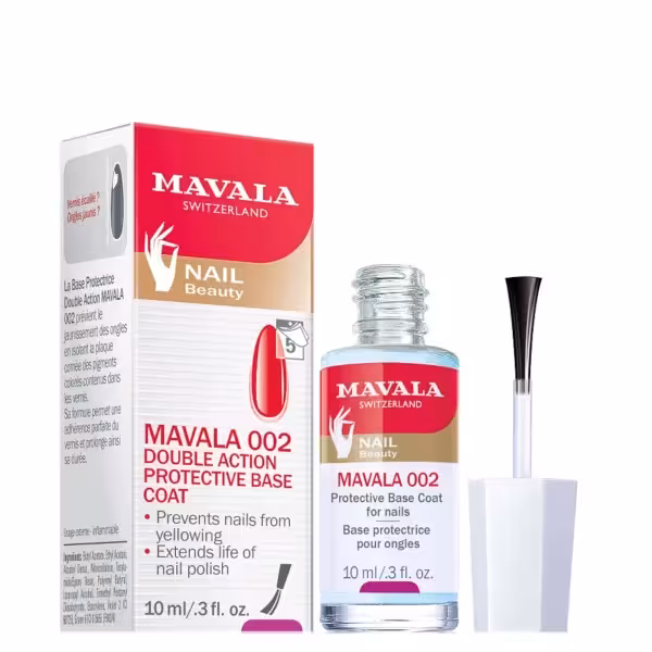 محلول محافظ ناخن ماوالا مدل Double Action Protective Base Coat حجم 10 میل ساخت سوئیس افزایش استحکام لاک و مانکور بر روی ناخن