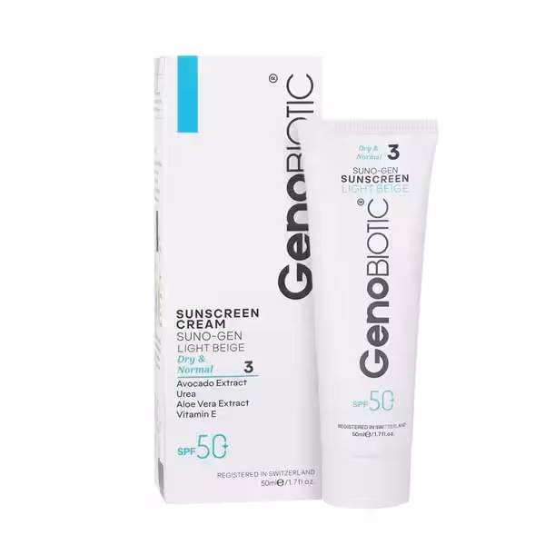 کرم ضدآفتاب بژ روشن SPF50 مناسب پوست خشک و معمولی ژنوبایوتیک 50 میلی‌لیتر GenoBiotic