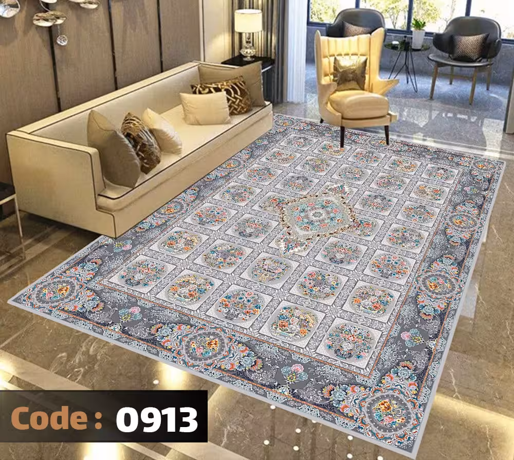 کاورفرش روفرشی دورکشدار گوشه لیفه ای طوسی کرم کد 0913