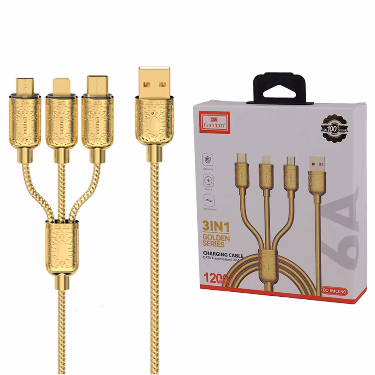 کابل فست شارژ سه سر  یو اس بی به تایپ سی، لایتنینگ و میکرو یو اس بی 6 آمپر ارلدام IMC030