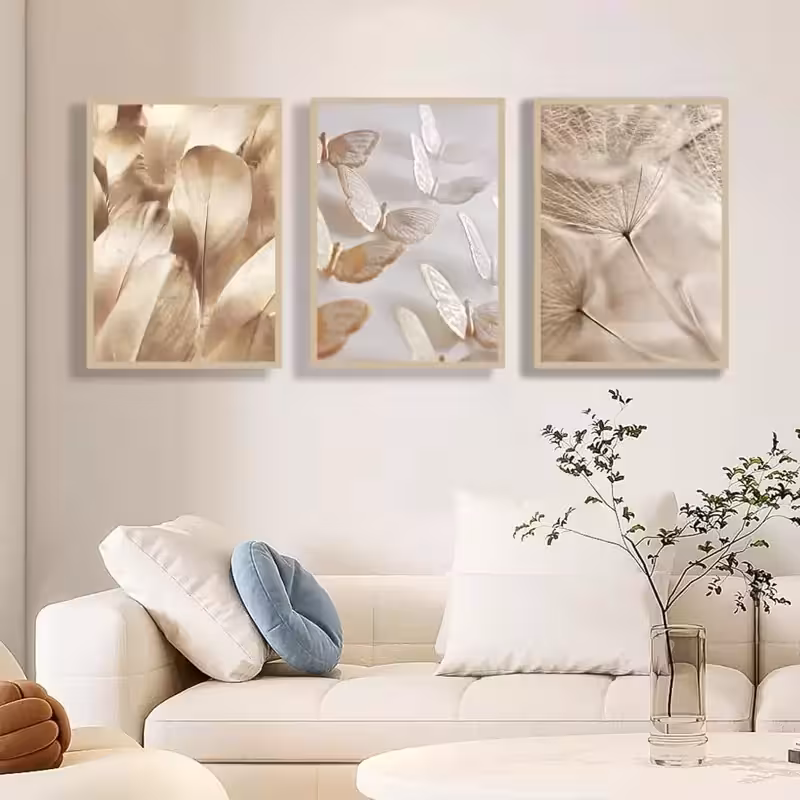 تابلو دکوراتیو مدرن قاصدک و پروانه های طلایی سه تیکه منظم | دنیای قاب