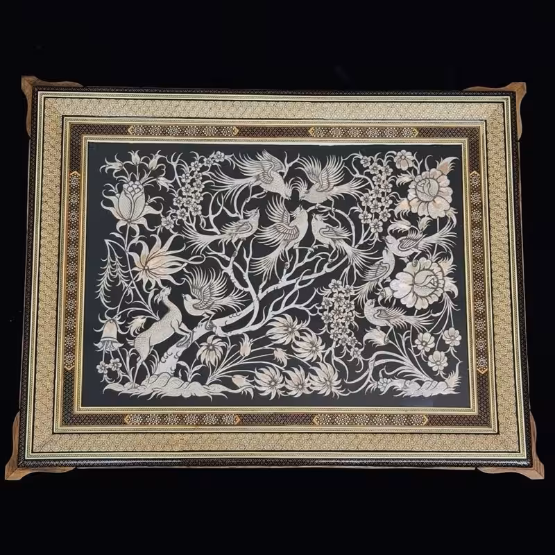 تابلو قلمزنی با قاب خاتم کاری ترنج 70در90