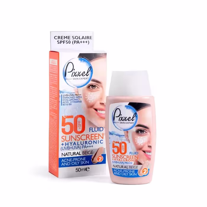 کرم ضد آفتاب SPF50 برند پیکسل رنگ بژ طبیعی مناسب پوست چرب