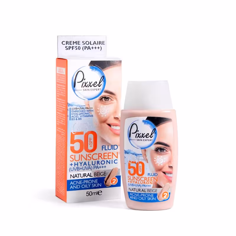 کرم ضد آفتاب SPF50 برند پیکسل رنگ بژ طبیعی مناسب پوست چرب