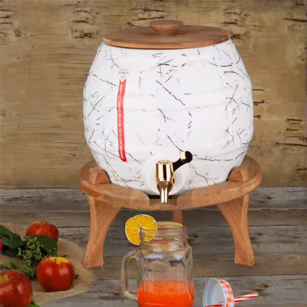 کلمن شربت و نوشیدنی طرح بشکه ماربل (سفید طلایی) پایه چوبی 5/5 لیتری امبیکو(ارسال فقط برای تهران)