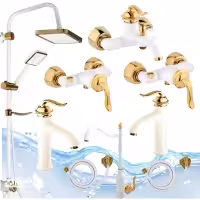 ست 9 عددی شیرآلات اهرمی بامبو سفید طلایی  با علم دوش یونیورست