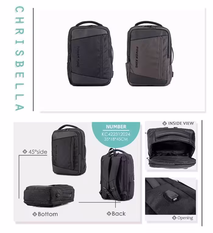 کوله وارداتی پاورکینگ کد KC2024 رنگ مشکی سایز 45*18*35