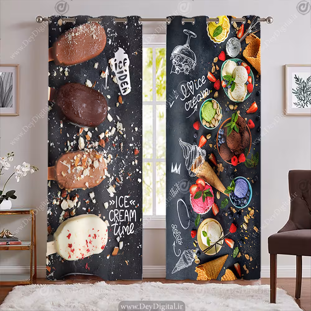 پرده پانچی شیک  طرح بستنی میوه ای وشکلاتی با زمینه تیره WA-1906-s