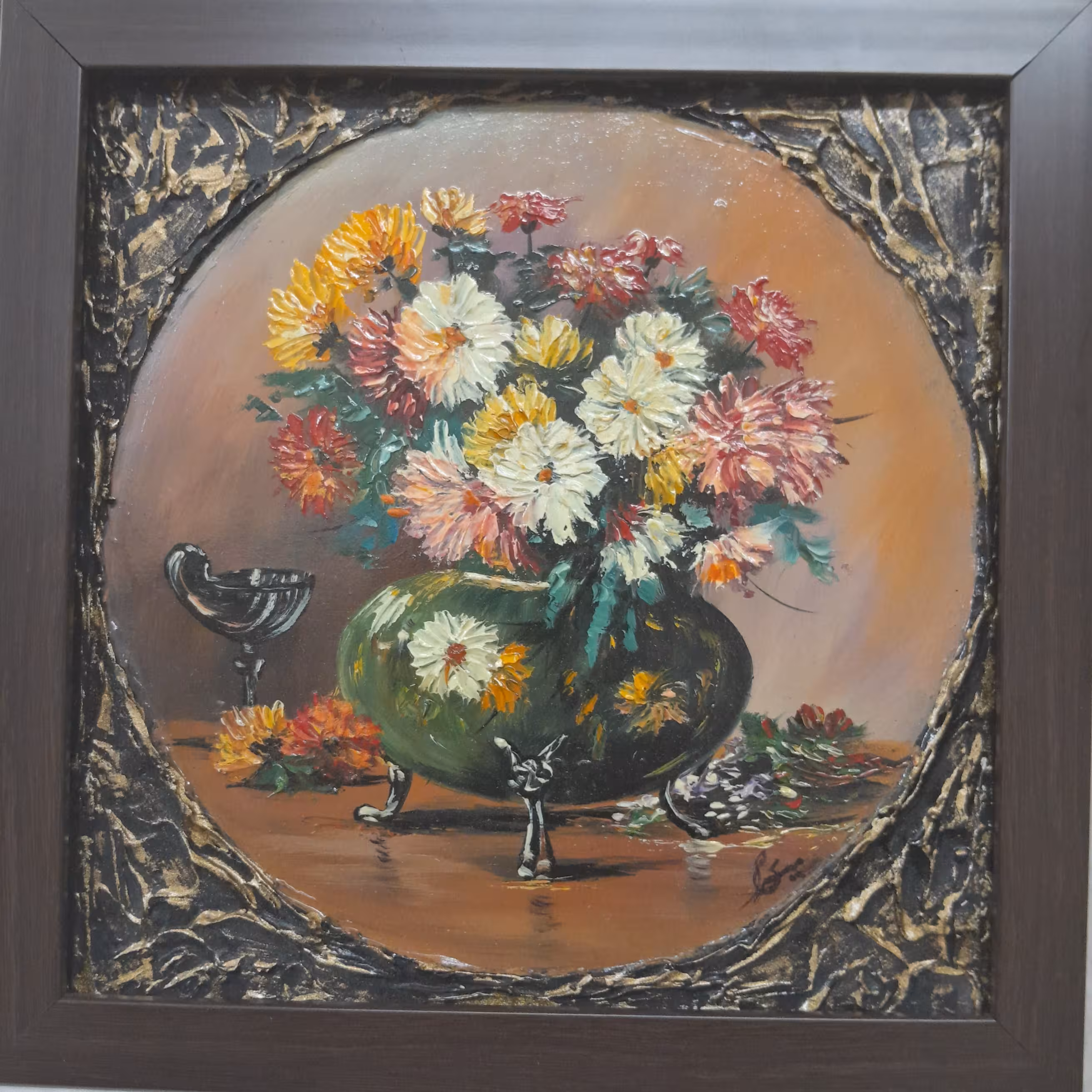 نقاشی رنگ روغن با دور کار پتینه و قاب زیبا