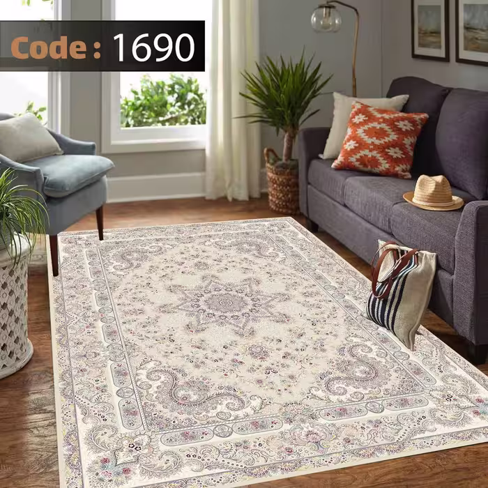 کاورفرش روفرشی دورکشدار گوشه لیفه ای کرم  قهوه ای کد 1690