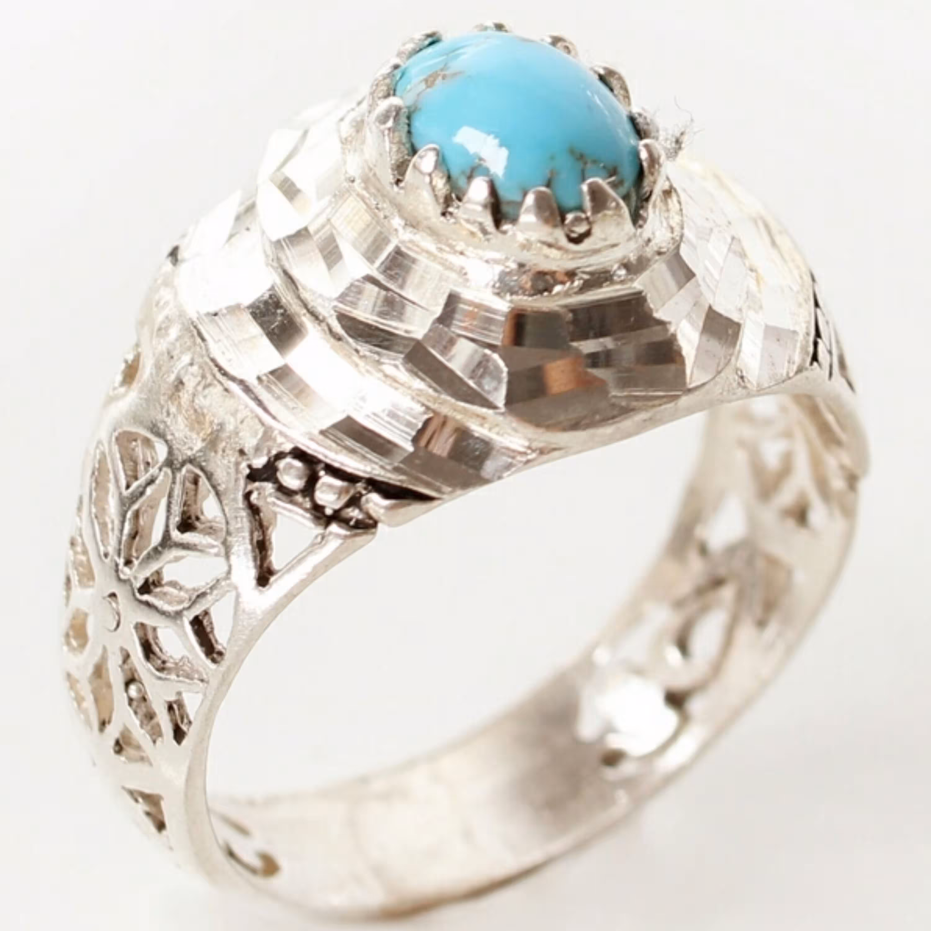 انگشتر نقره مردانه طرح دار با نگین فیروزه کد 3351