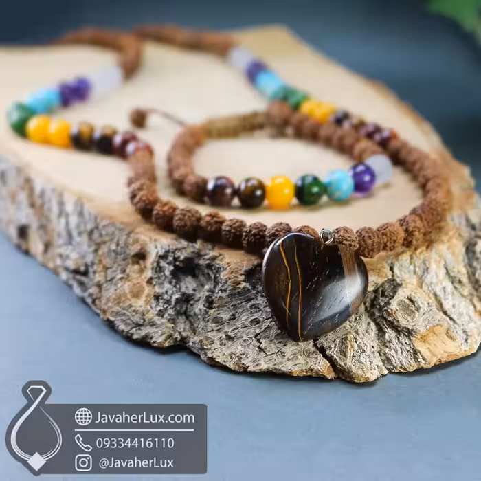 نیم ست گردنبند و دستبند رودراکشا 7 سنگ چاکرا و قلب تایگر آیرون _ کد 401036