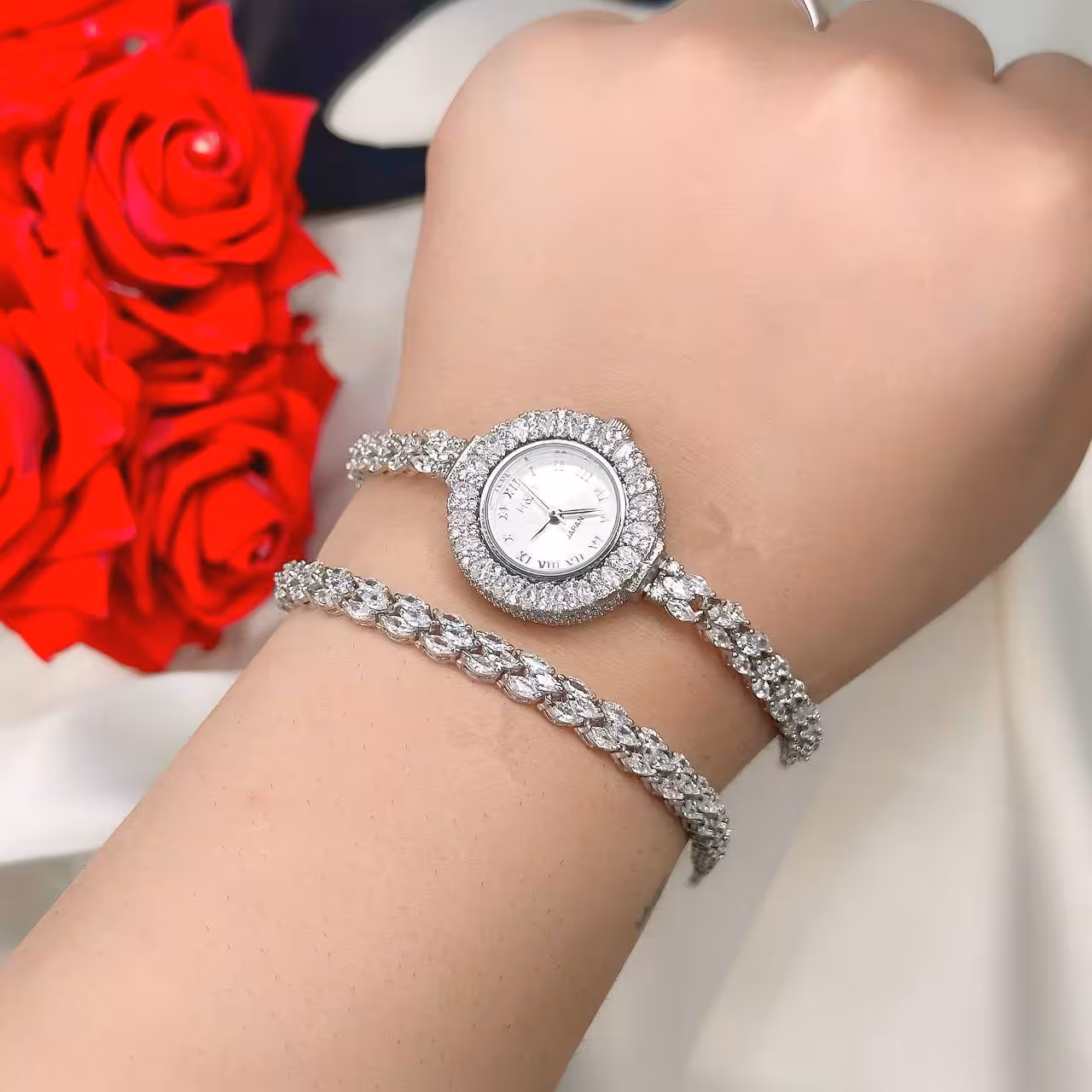 ست ساعت و دستبند نقره جواهری زنانه کد 80136