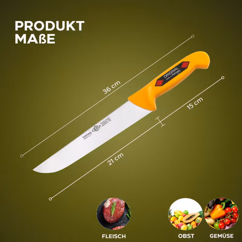 چاقوی قصابی حرفه‌ای Eikaso | برند زولینگن (SolingenGermany) | ساخت آلمان | تیغه فولادی ضدزنگ 21 سانتی‌متری | طول کلی 36 سانتی‌متر | رنگ زرد | طراحی ارگونومیک | مناسب برای قصابی، کشتارگاه و آشپزخانه صنعتی | مناسب برش دقیق گوشت