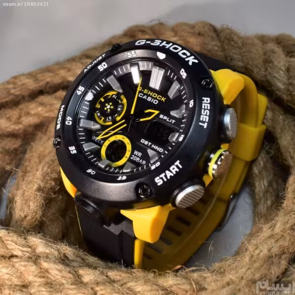 G- SHOCK جدید اعلا دوزمانه جی شاک ،، موتور ژاپن با بسته بندی تایلند ،، بند و و قاب زرد مشکی ،، قاب پلاستیک فشرده نشکن