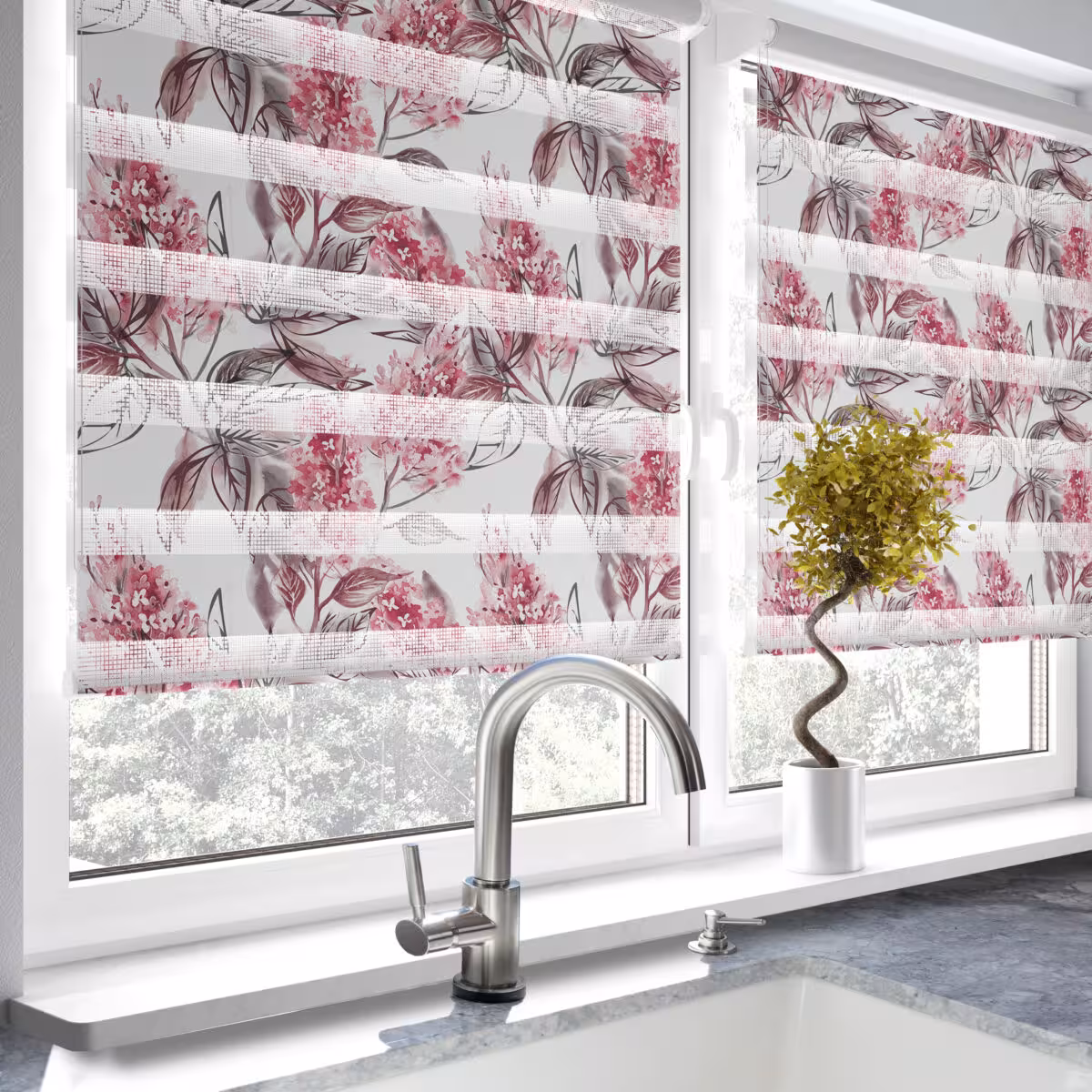 پرده زبرا طرح گل اطلسی آشپزخانه کد 1751