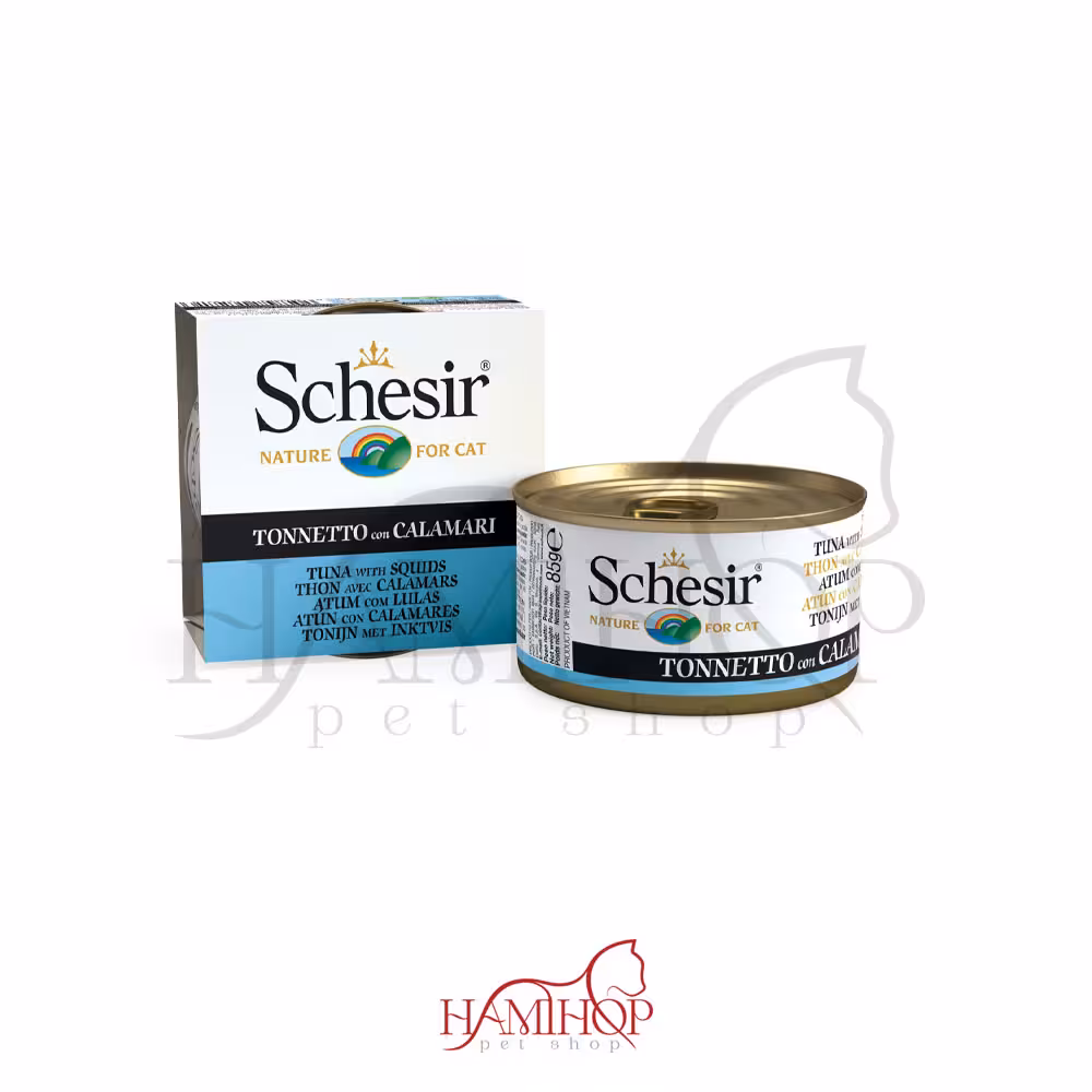 کنسرو گربه برند شسیر طعم ماهی و ماهی مرکب در ژله Schesir Can for Cat Tuna With squids 85g
