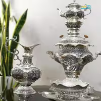سرویس سماور 5 لیتری برنجی قلمزنی با آبکاری کوره ای نقره، رنگ ثابت