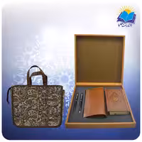 ست قرآن پالتويی با كیف چرم  طبيعی خودكار و روان نويس با ساک ترمه هدیه (كد 90256)