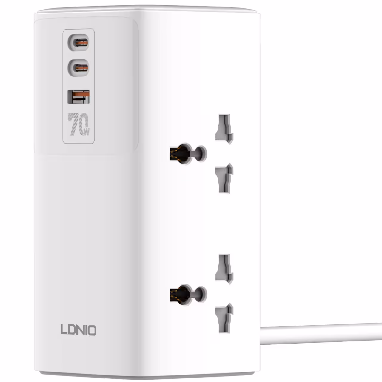 چند راهی و محافظ برق 2500 وات چهار سوکت، دو تایپ‌ سی و یک یو اس بی 70 وات شارژ سریع رومیزی الدنیو مدل SC4383