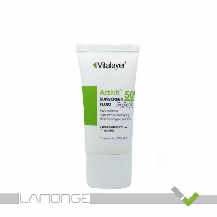 فلوئید ضد آفتاب SPF50 بی رنگ ویتالیر مدل Activit مناسب پوست چرب حجم 50 میلی لیتر