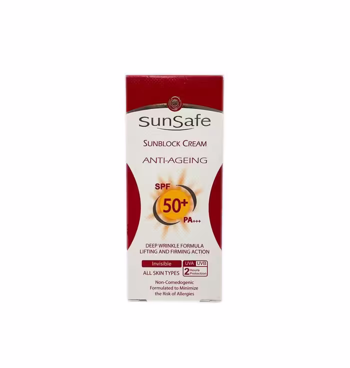 کرم ضد آفتاب و ضد چروک سان سیف SPF 50 بی‌رنگ مناسب انواع پوست و محافظت کامل