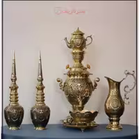 سرویس سماور دکوری 6 لیتری برنجی قلمزنی، طرح اسلیمی با تنگ شاخدار
