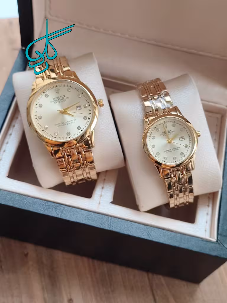 خرید ست ساعت زنانه و مردانه رولکس تقویم دار دوقفله مخفی کیفیت عالی رنگ ثابت کد 2117502 - ردگل