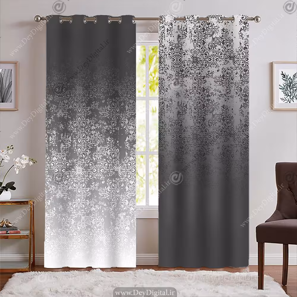 پرده پانچ تصویری رنگ خاکستری با گل های سنتی PK-7768