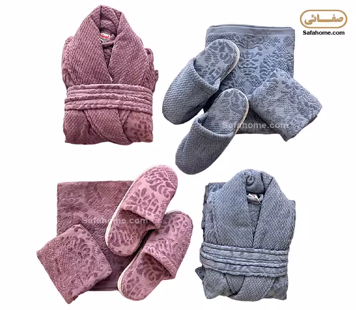 سرویس حوله عروس و داماد مدل اسلیمی آبی دودی و بادمجانی