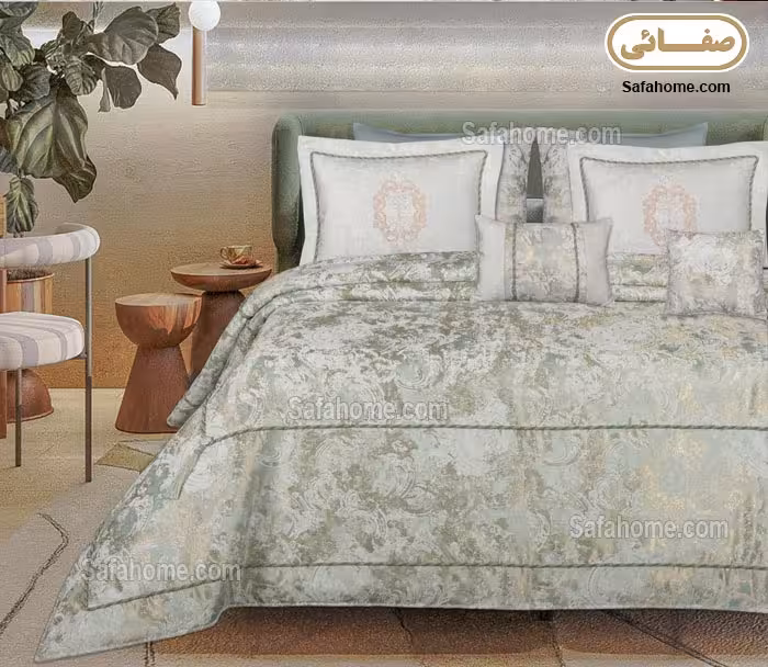 روتختی دو نفره عروس 7 تکه طرح الکسا سبز طلایی
